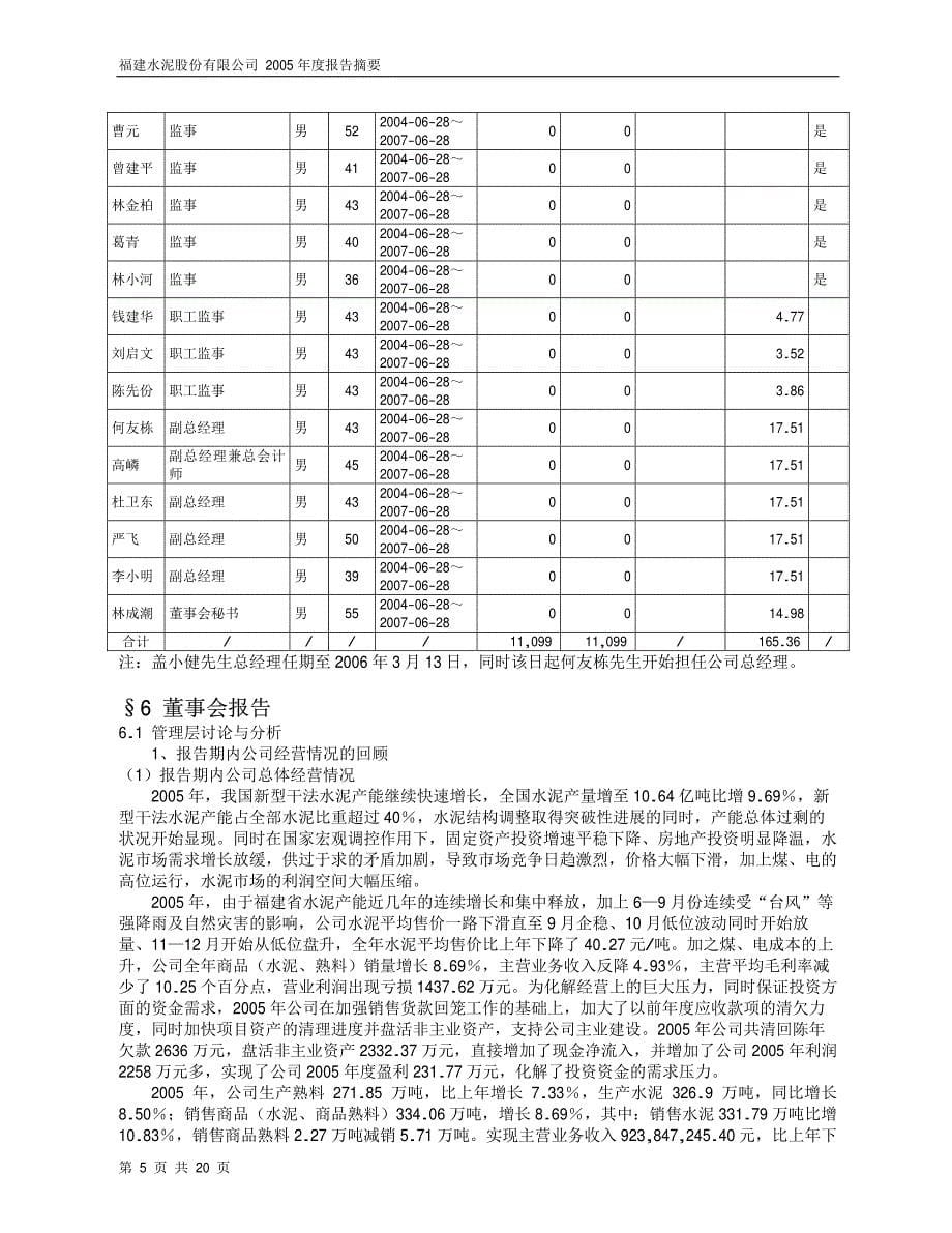 福建水泥股份有限公司2005年度报告摘要_第5页