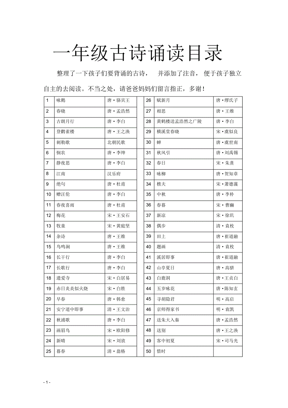 一年级古诗诵读目录(注音版)_第1页