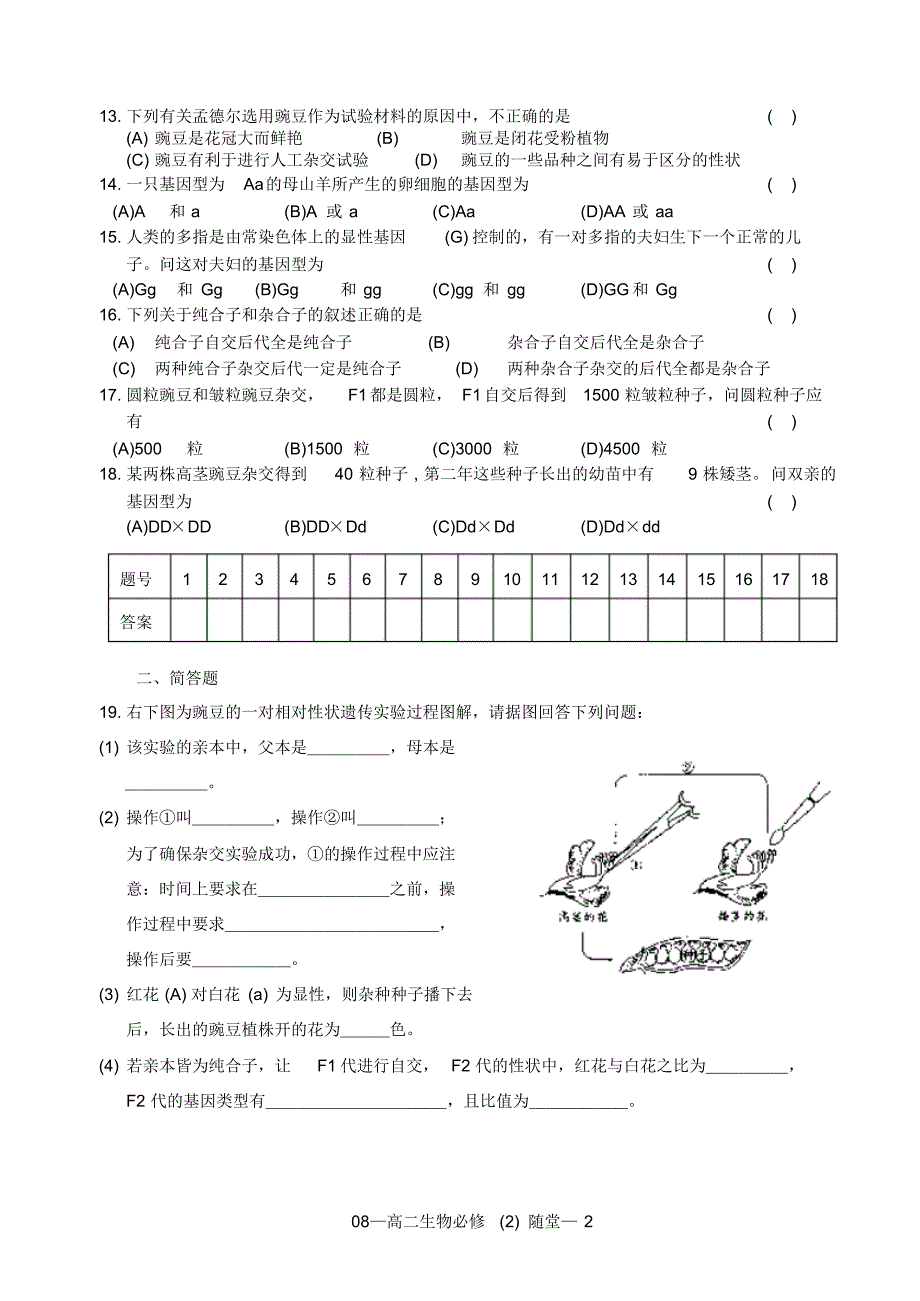 高二生物随堂练习(1)新人教版必修②_第2页