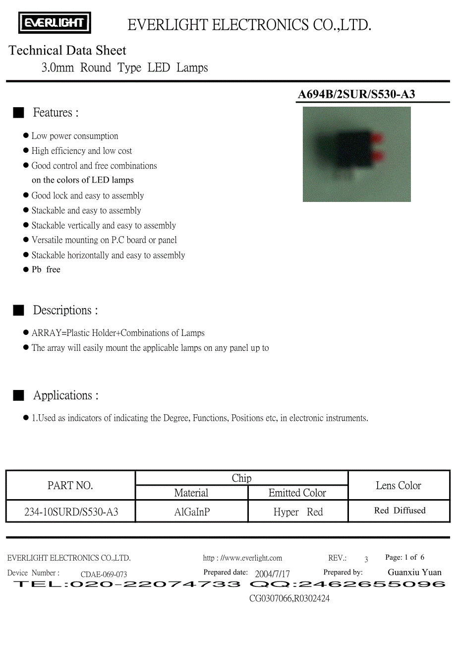 亿光组装发光二极管LEDA694B-2SUR-S530-A3规格书_第1页