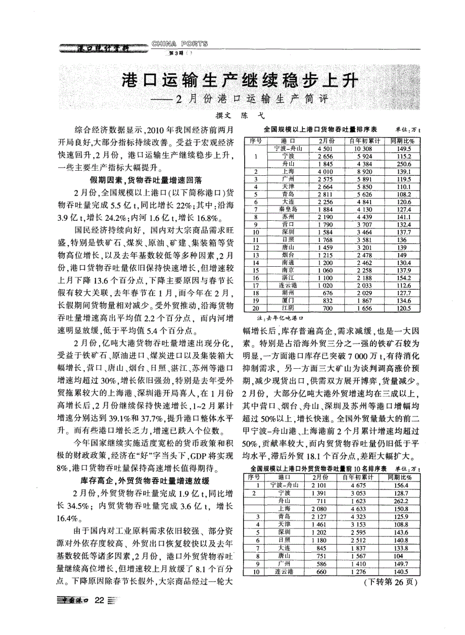 港口运输生产继续稳步上升——2月份港口运输生产简评_第1页