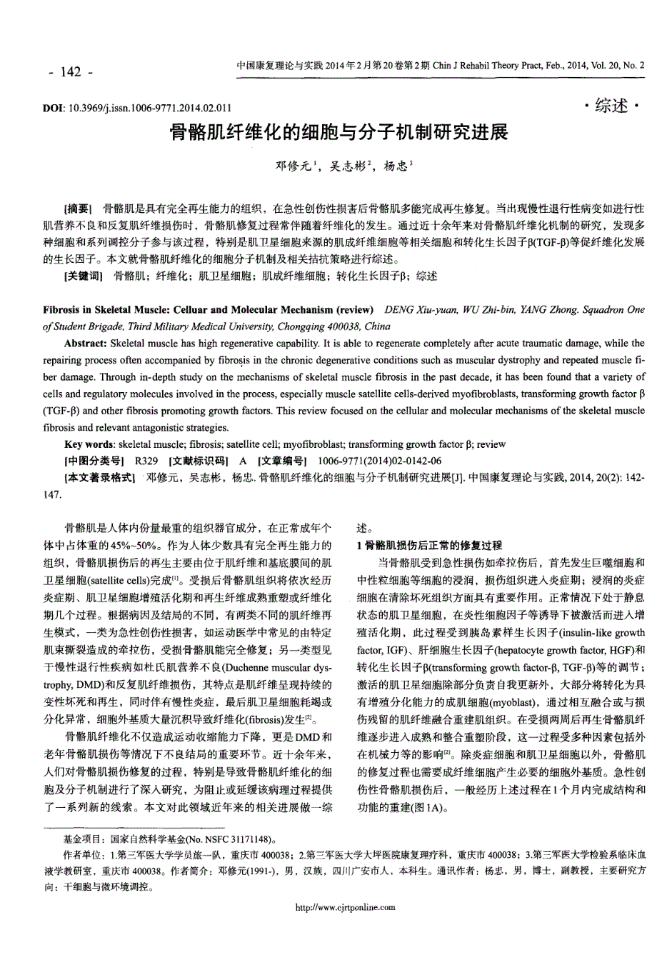 骨骼肌纤维化的细胞与分子机制研究进展_第1页