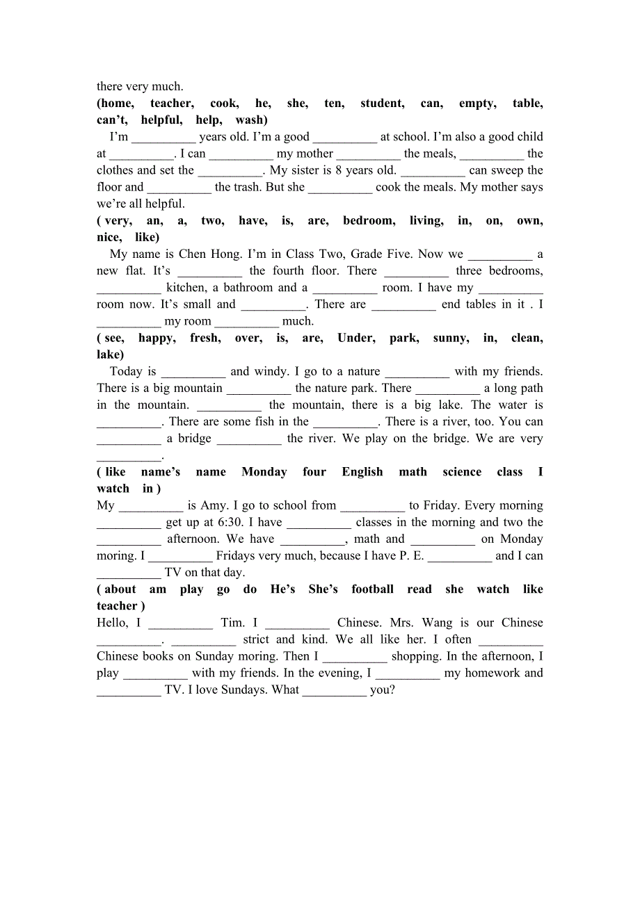 人教版(pep)小学五年级上期英语选词填空练习_第2页