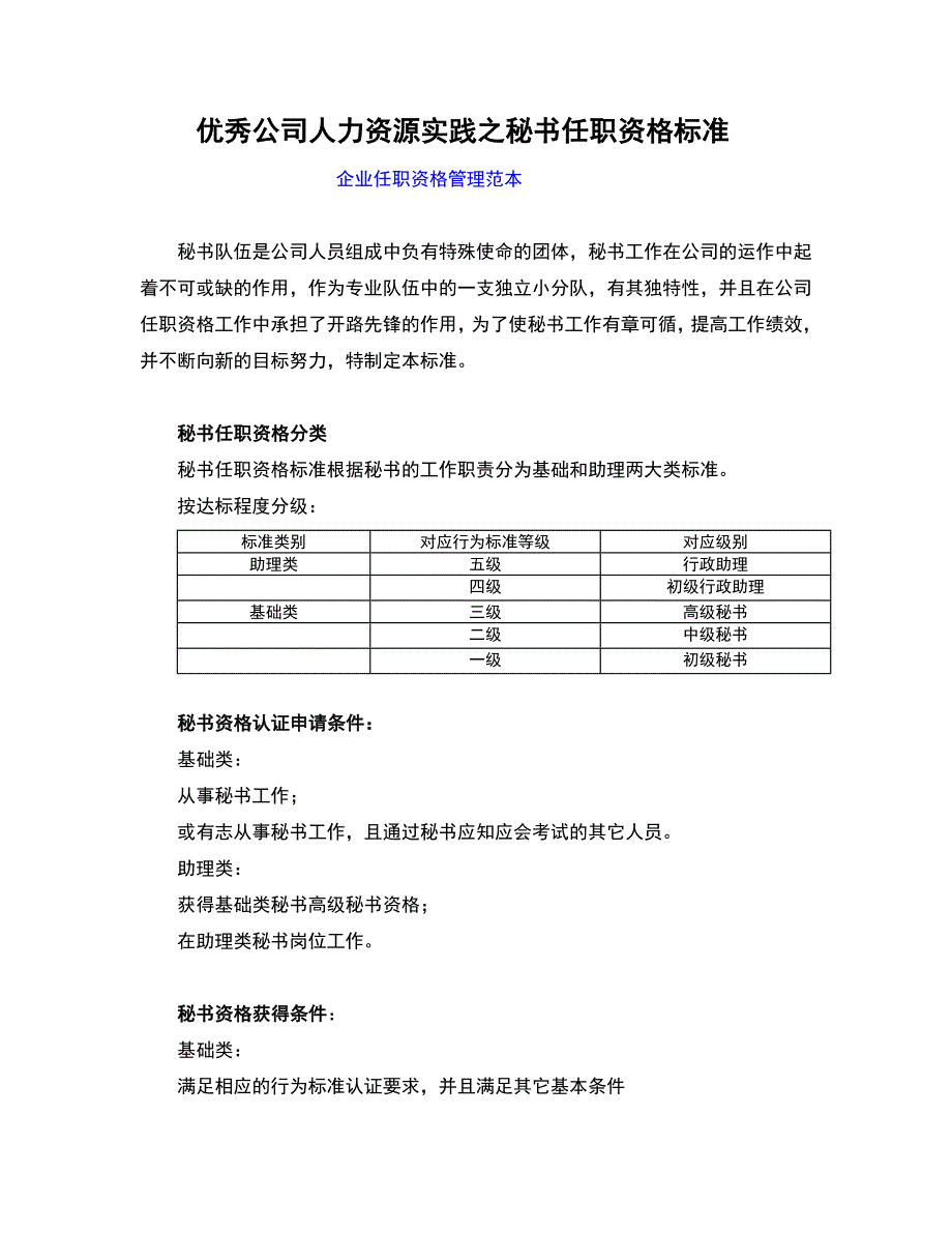 优秀企业秘书任职资格等级管理办法（人力资源实践）_第1页