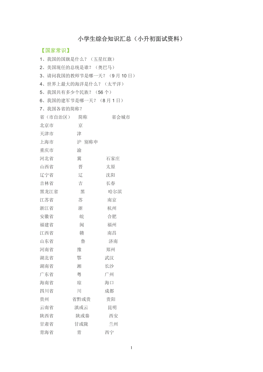 小学生综合知识汇总(小升初面试资料)_第1页