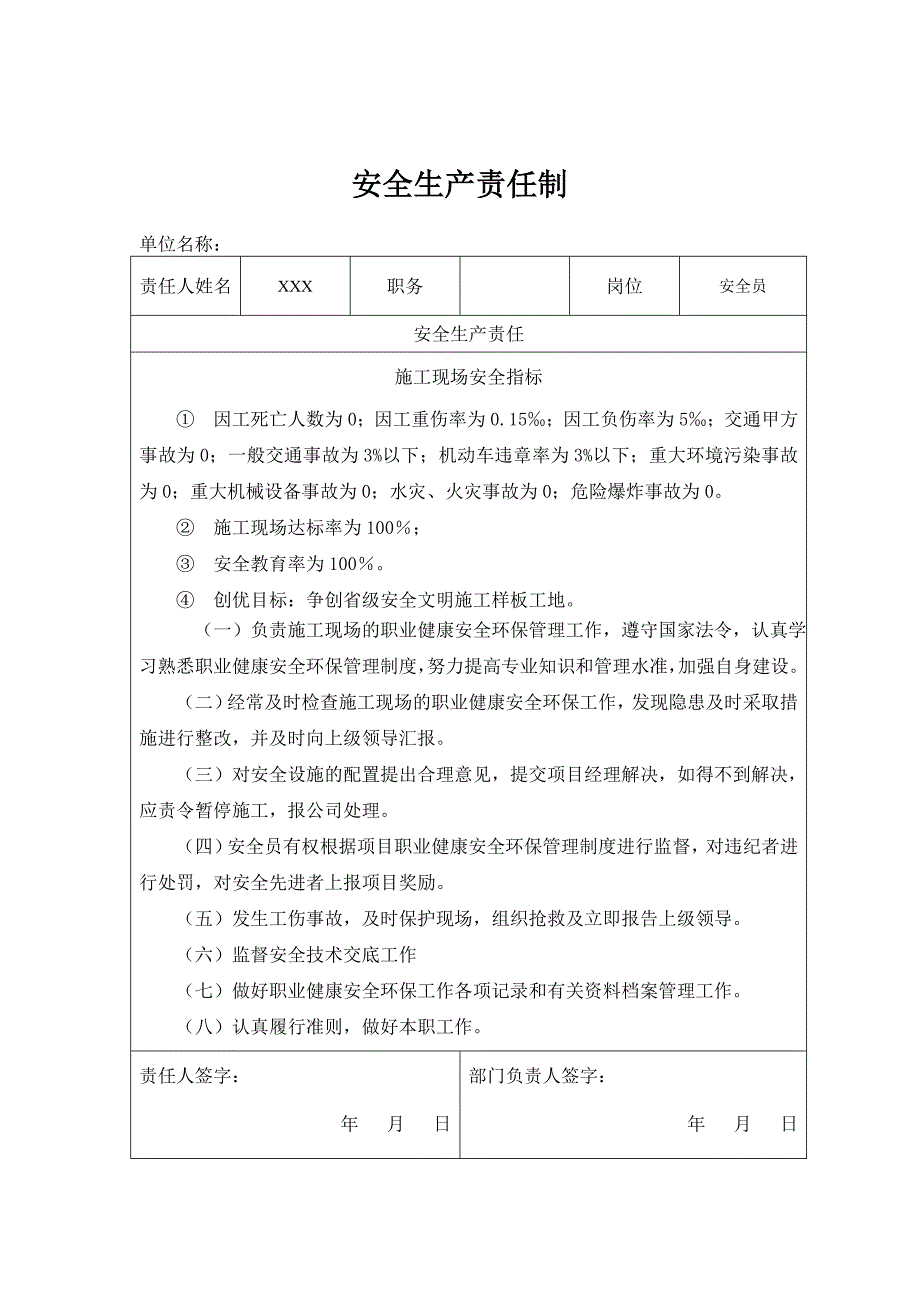 各岗位安全生产责任制表格_第1页