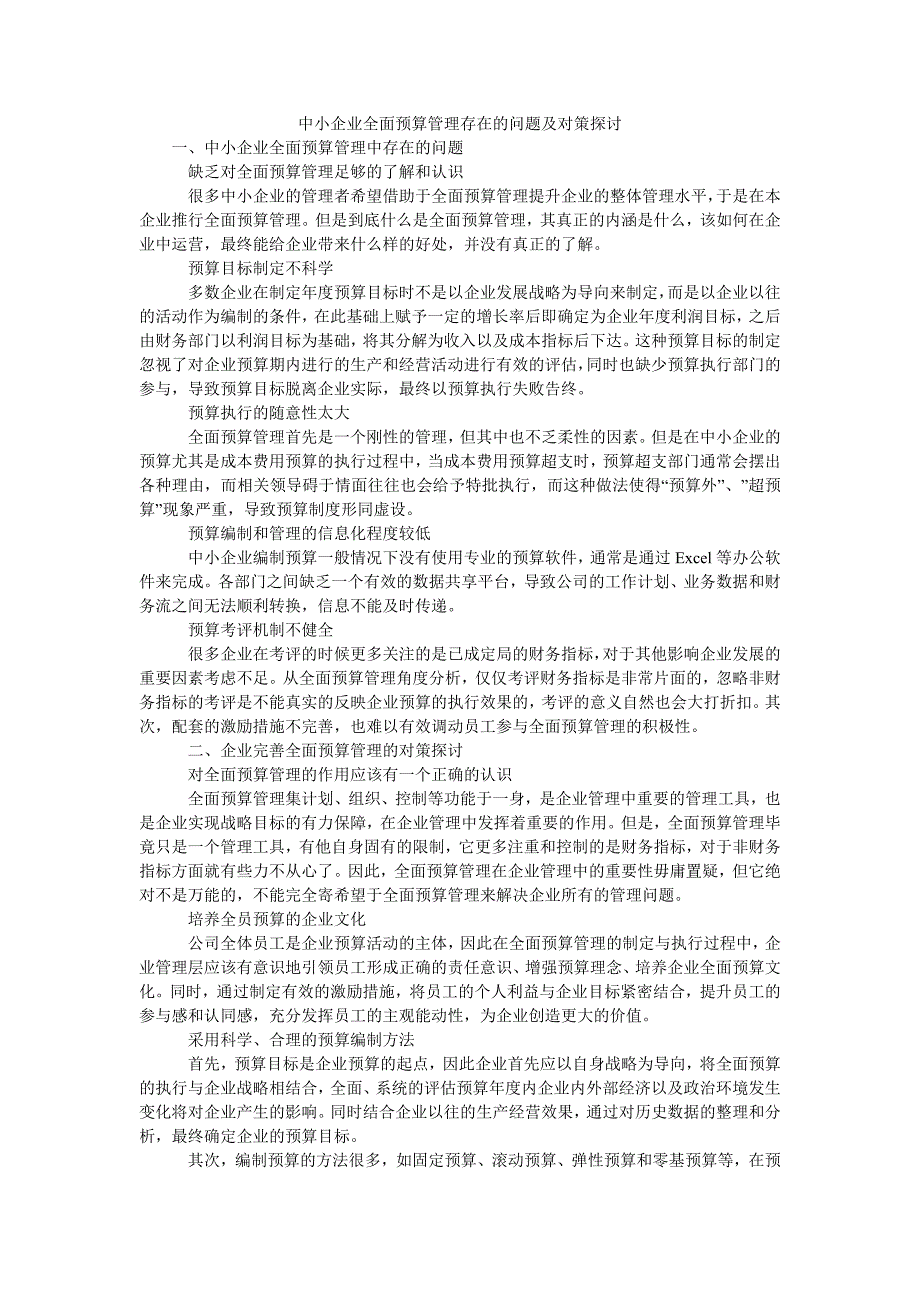 中小企业全面预算管理存在的问题及对策探讨_第1页