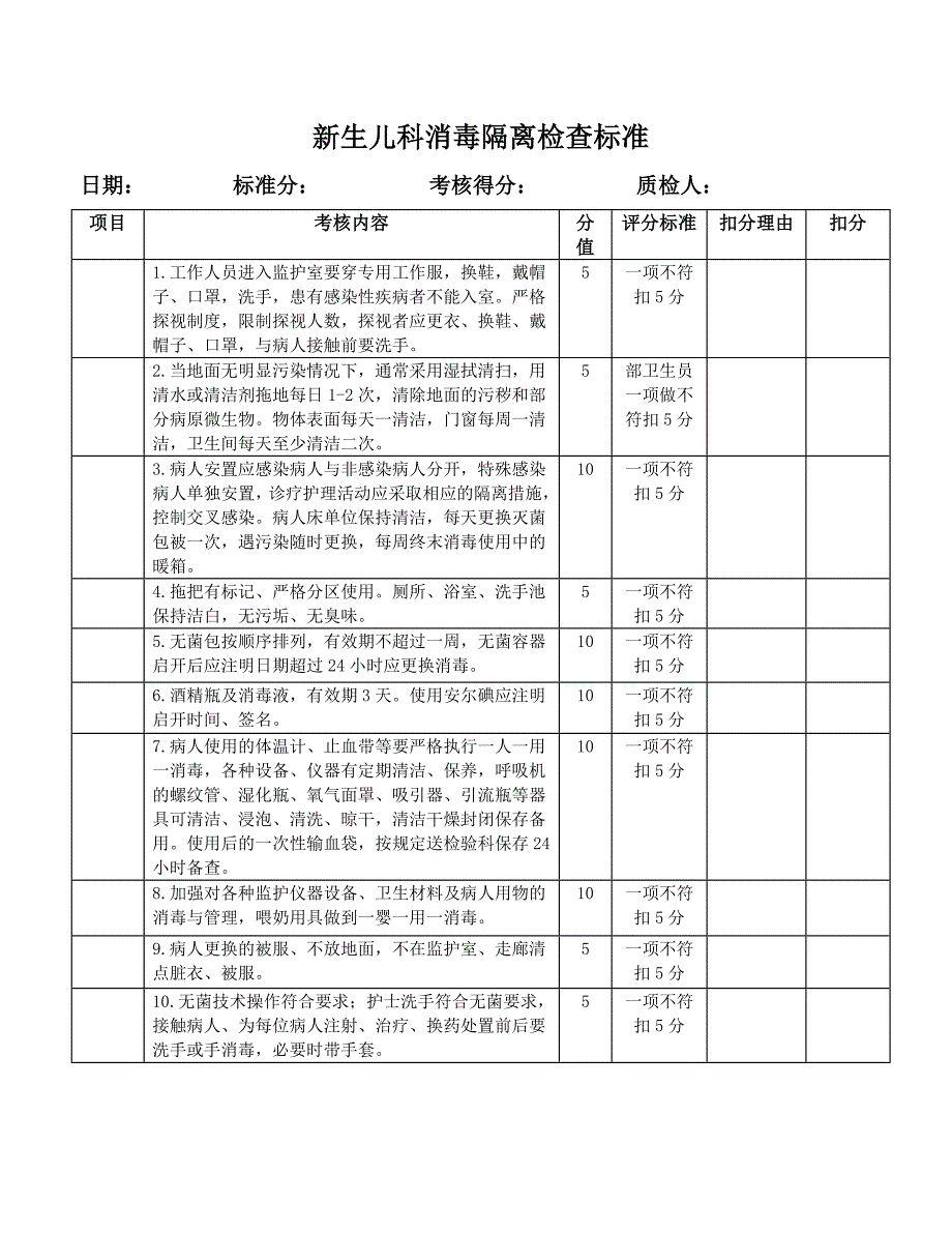 新生儿科消毒隔离检查标准_第1页