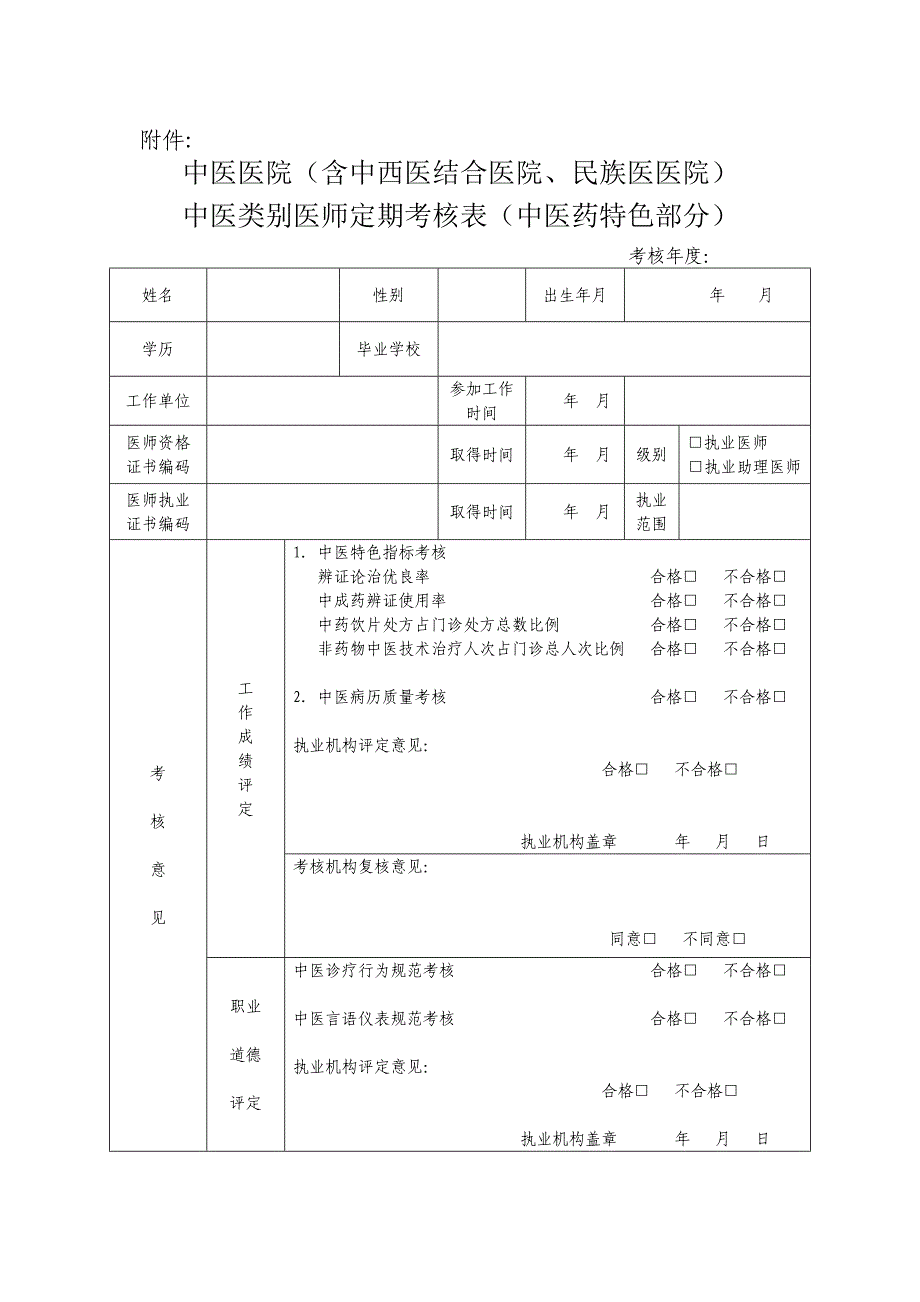 《中医医院中医类别医师定期考核内容》表_第1页