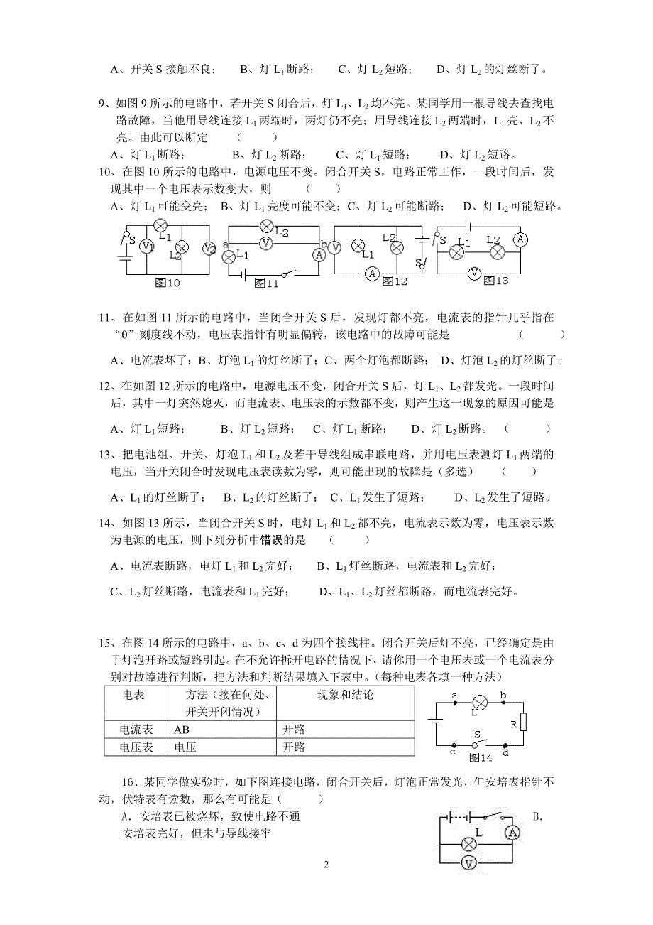 初三物理电路故障的练习题 2_第2页