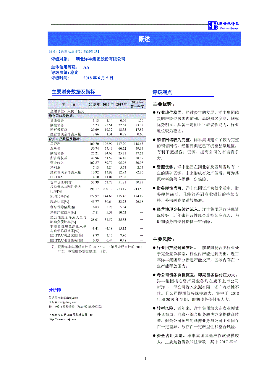 湖北洋丰集团股份有限公司信用评级报告_第1页