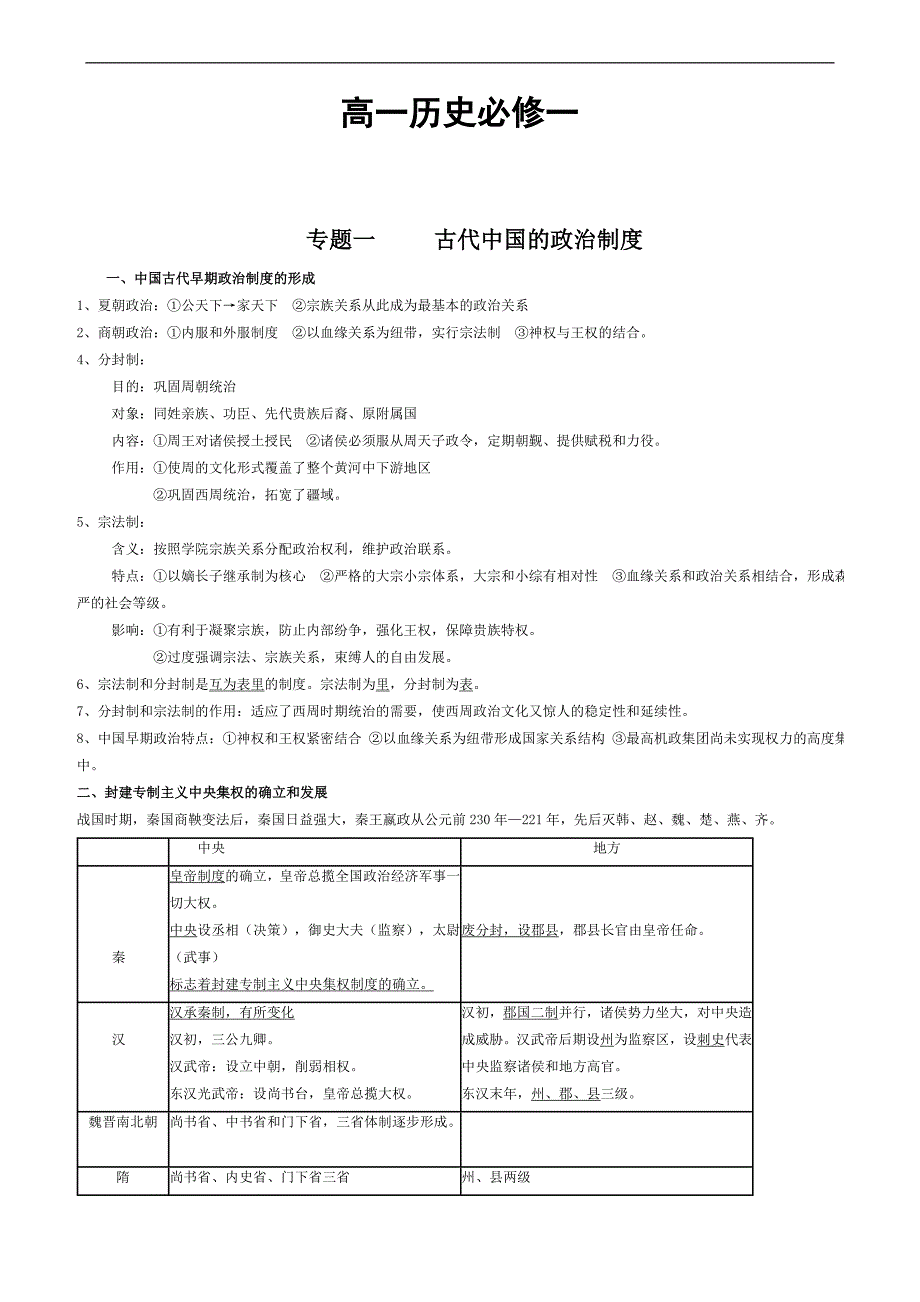 新课标高一历史必修一-1-4单元知识点总结。_第1页