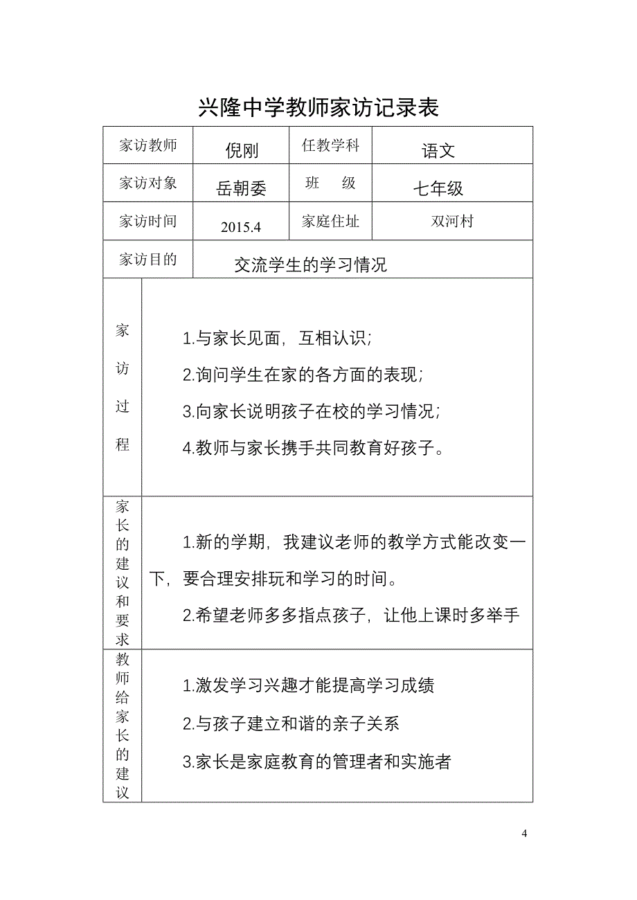 兴隆中学家访记录表七年级_第4页