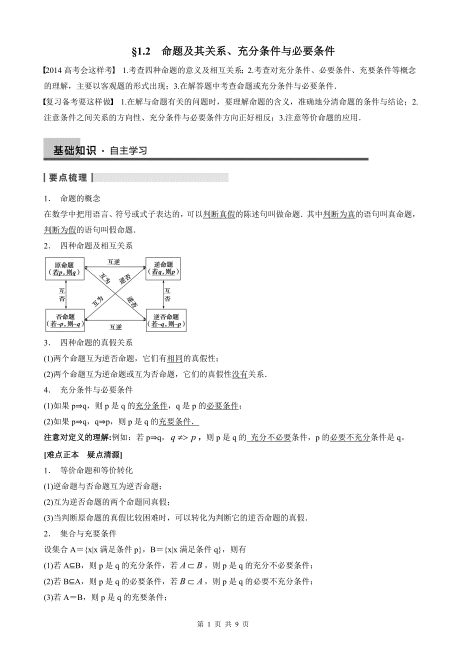 1.2命题及其关系、充分条件与必要条件教案_第1页