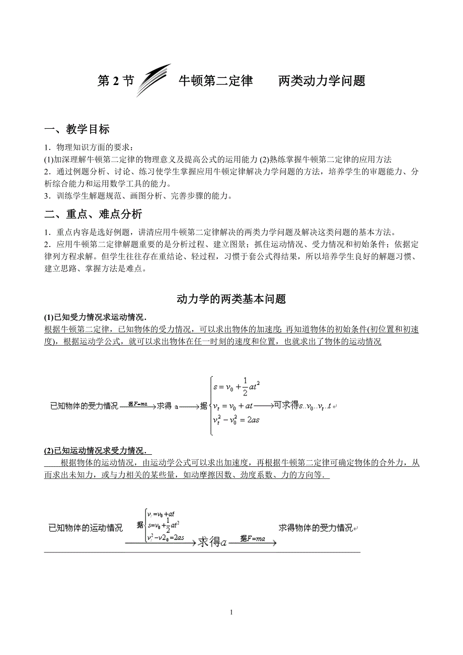 第2节-------牛顿第二定律----两类动力学问题(教案)_第1页