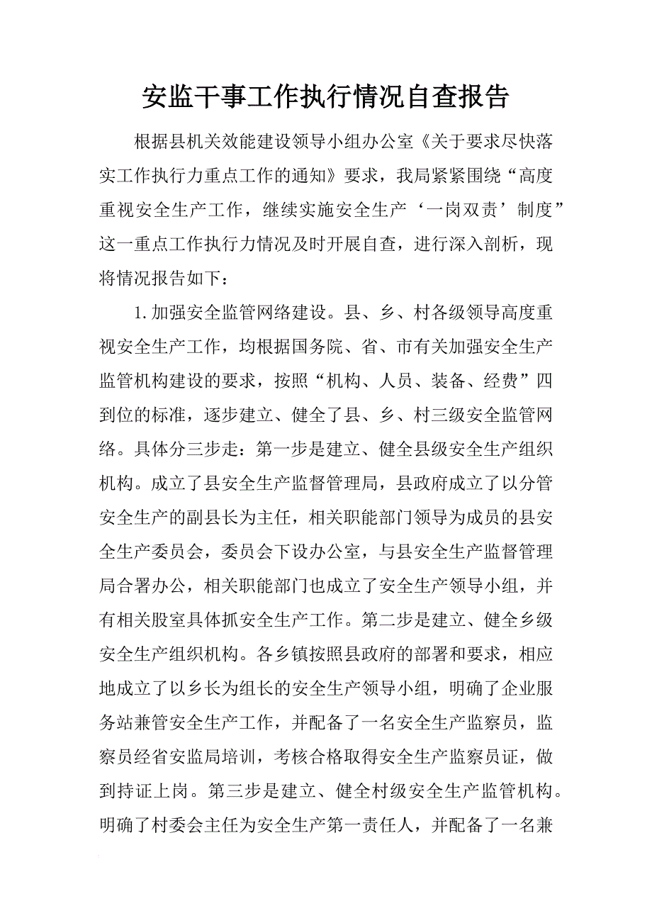 安监干事工作执行情况自查报告_第1页