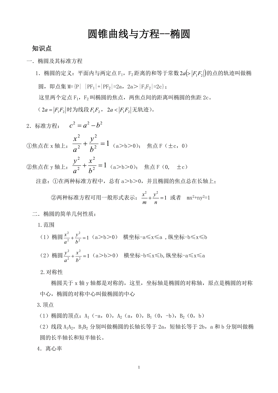 椭圆知识点总结及经典习题_第1页