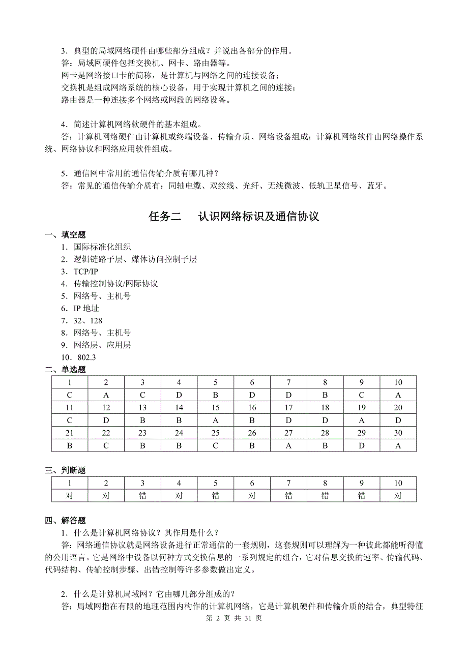 《计算机网络基础与应用配套练习(第二版)》参考 答案_第2页