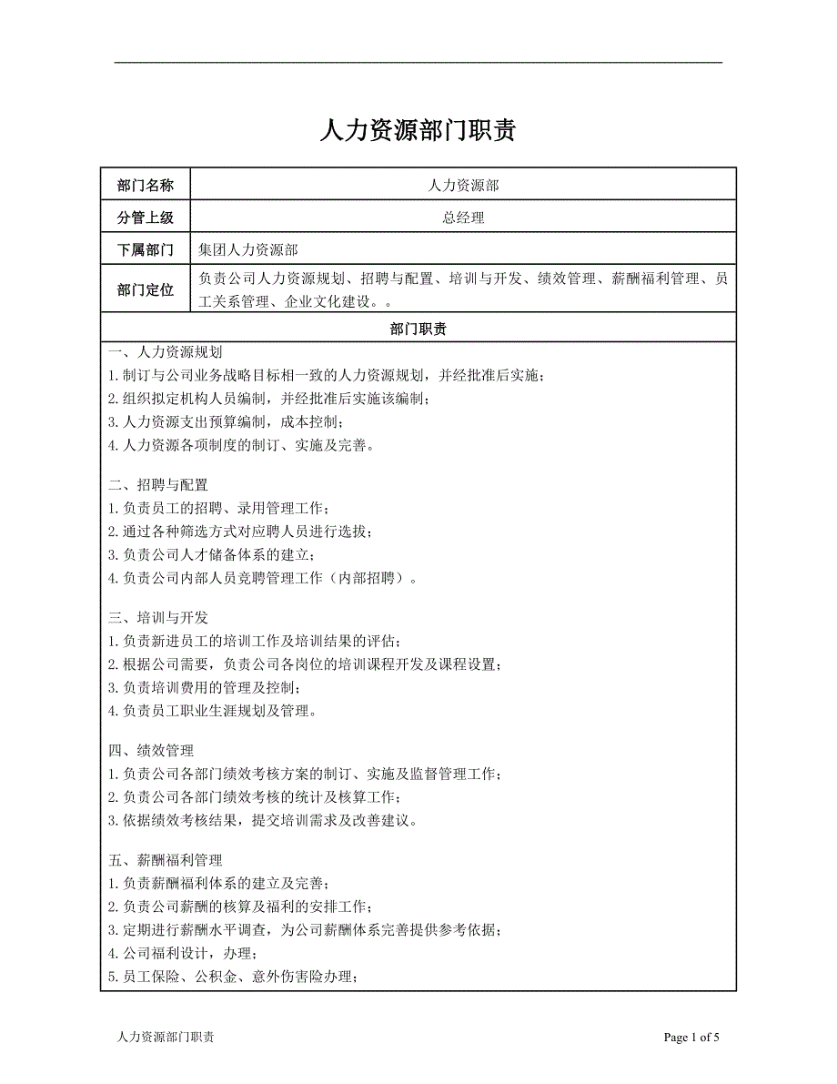 部门及岗位职责(人力资源部)_第1页