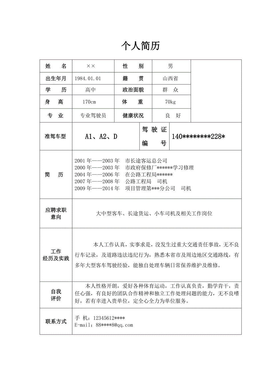 司机驾驶员应聘个人简历_第1页