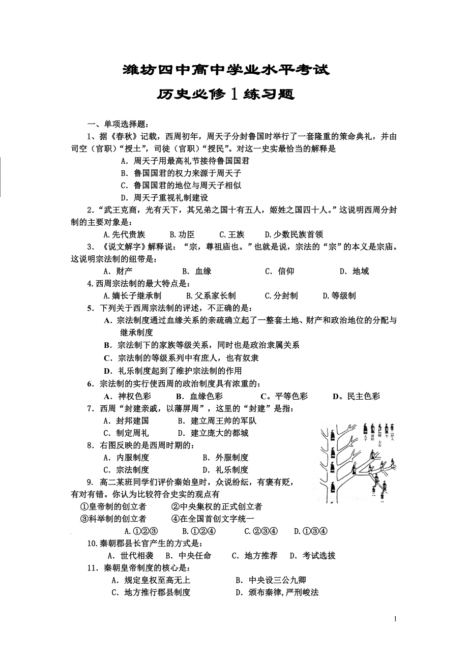 山东高中学业水平考试岳麓版历史必修一练习题_第1页