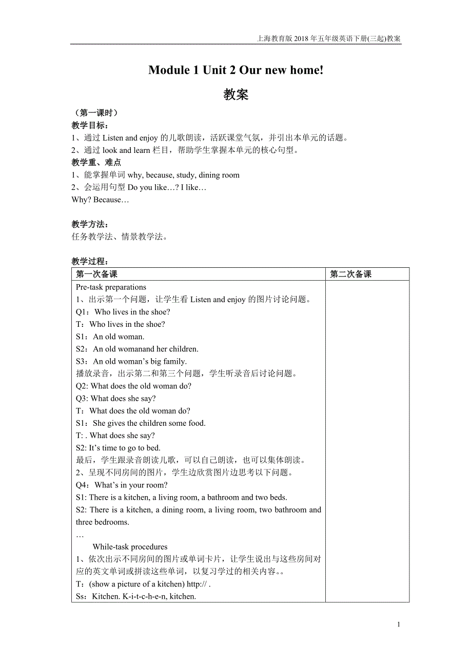 上海教育版英语五年级下册module 1 unit 2《our new home!》教案_第1页