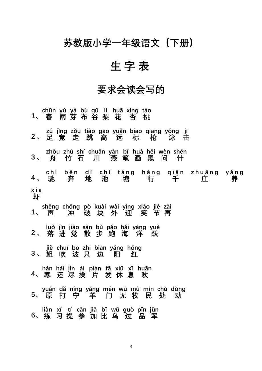 苏教版小学一年级语文上、下册生字表(一、二类字带拼音)_第5页