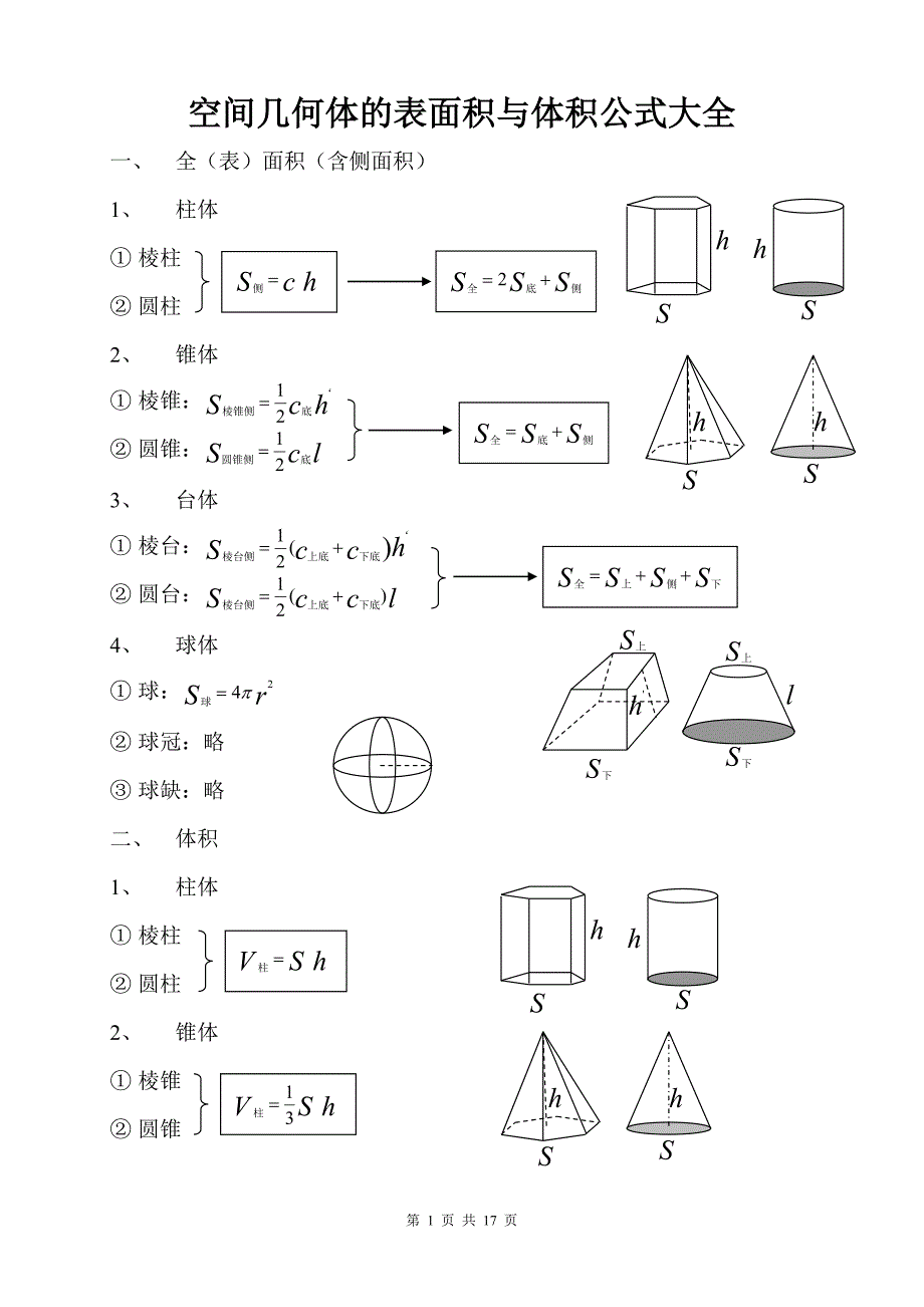 空间几何体的表面积与体积公式大全_第1页