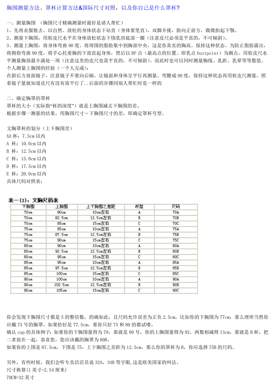 胸围测量方法、罩杯计算方法、国际尺寸对照、以及你自己是 什 么罩杯_第1页