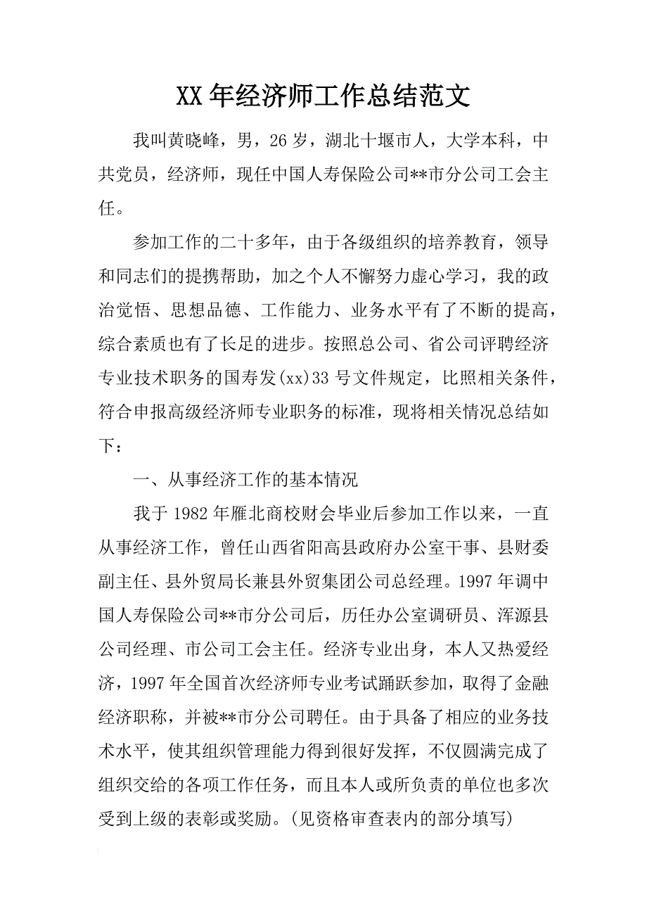 xx年经济师工作总结范文_第1页