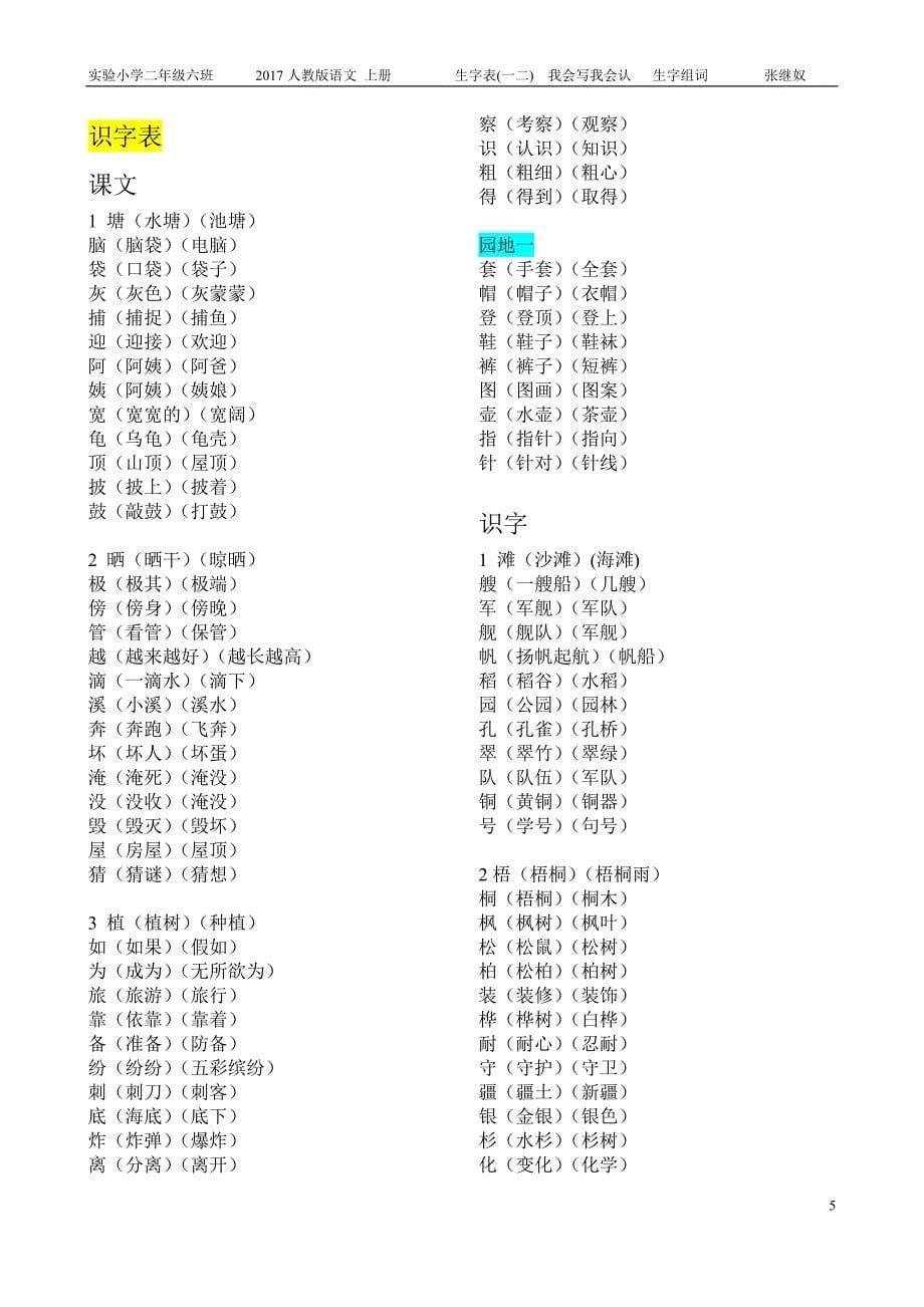 2017版二年级上册语文生字表组词_第5页