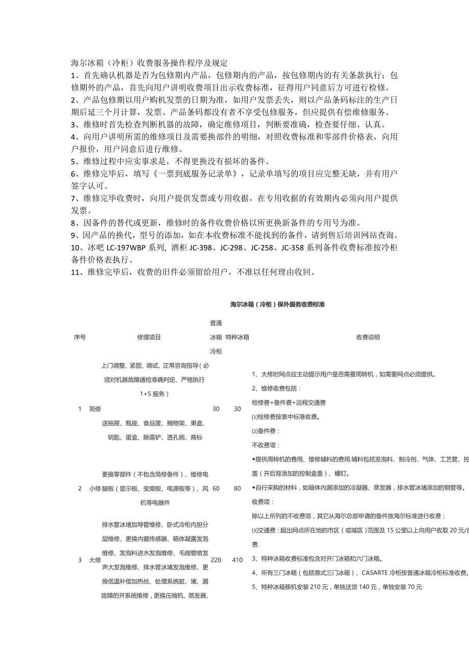 海尔冰箱售后收费标准及政策_第1页