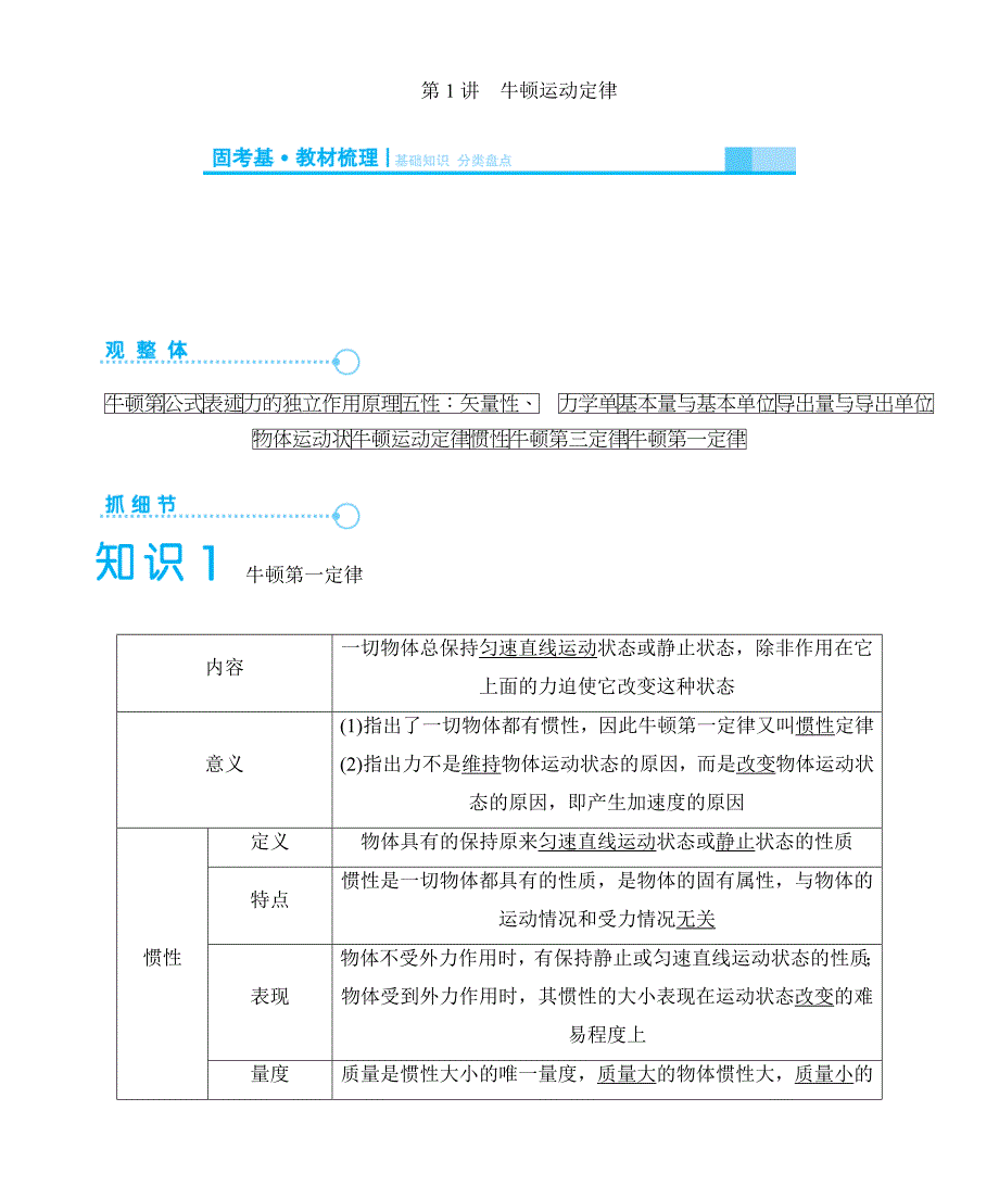 2015届高考物理一轮复习固考基教材梳理：第3章 第1讲　牛顿运动定律_第1页