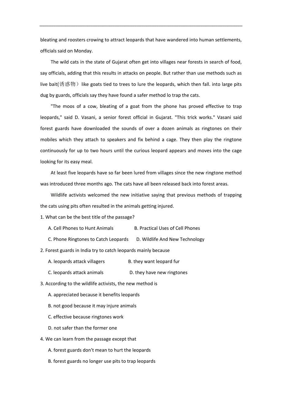 2015河北省承德市高考英语阅读理解训练选编（八）及答案_第5页