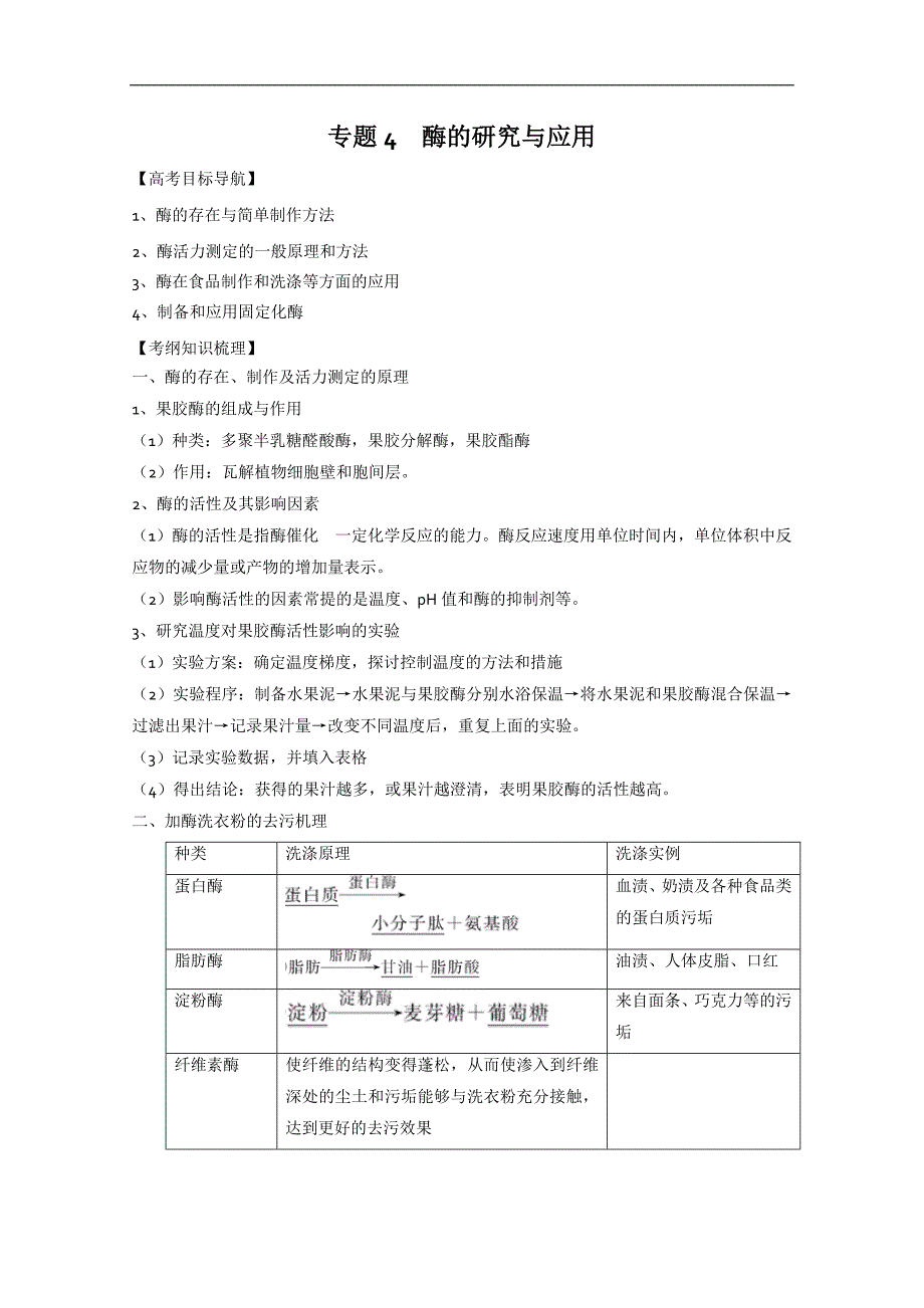 2015届高三生物一轮复习学案：专题4 酶的研究与应用（人教版选修1）_第1页