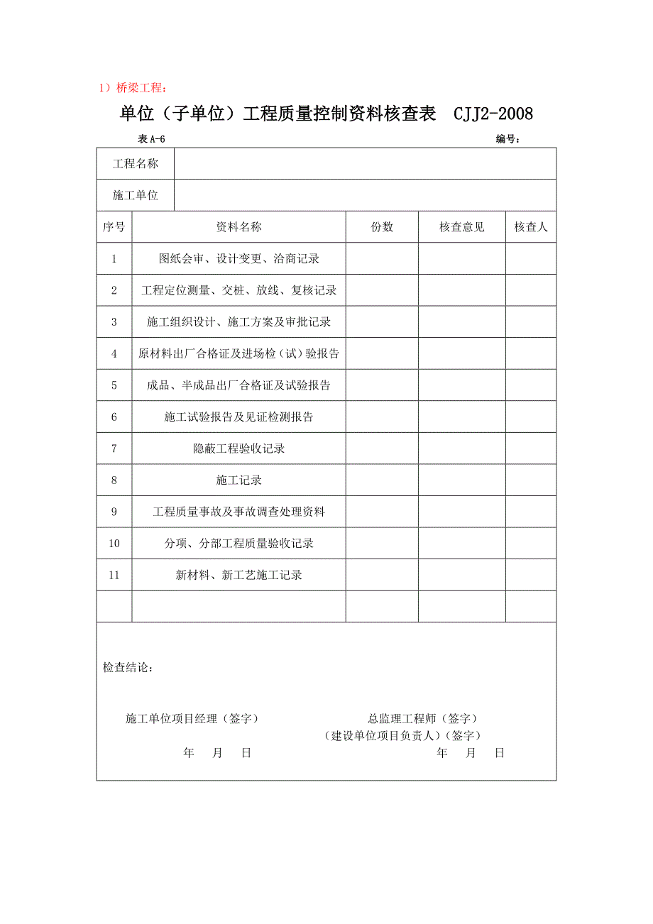 附表6 单位工程质量控制资料核查记录-市政基础_第1页