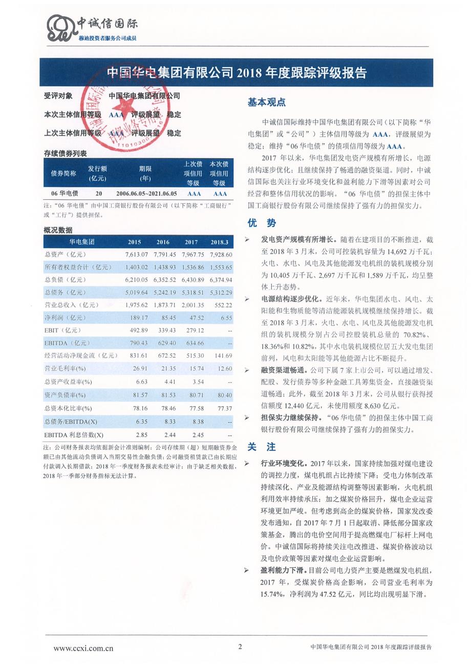 中国华电集团有限公司2018年度跟踪评级报告 (1)_第2页