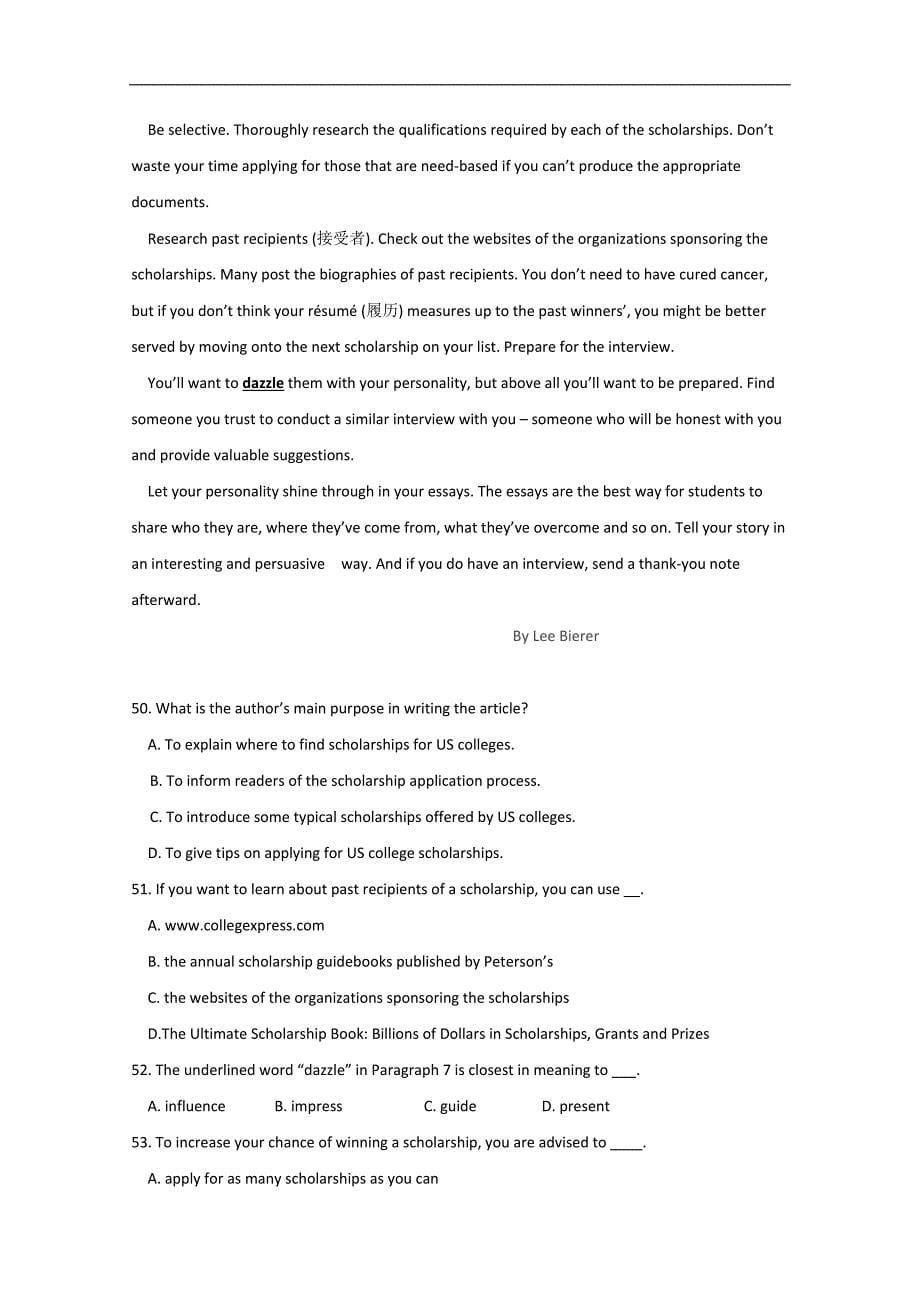 2015国庆广州市高考英语语法填空、阅读理解学生自练（七）及答案_第5页