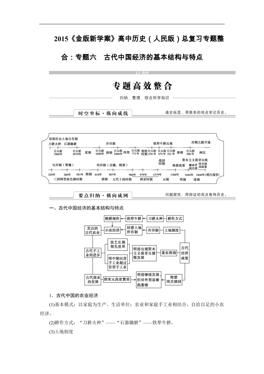 2015年高考历史（人民版）总复习讲义：专题整合六　古代中国经济的基本结构与特点_第1页