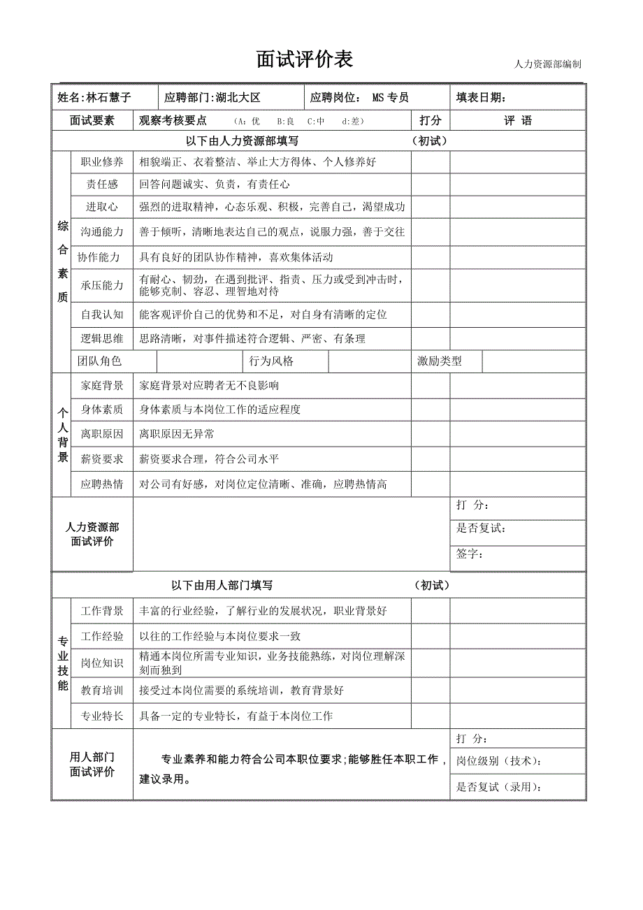 面试评价表(技术岗) 整表(含初面、复面)_第1页