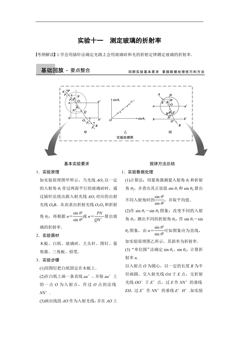2015高三人教版物理总复习配套文档：第11章 实验十一 测定玻璃的折射率_第1页