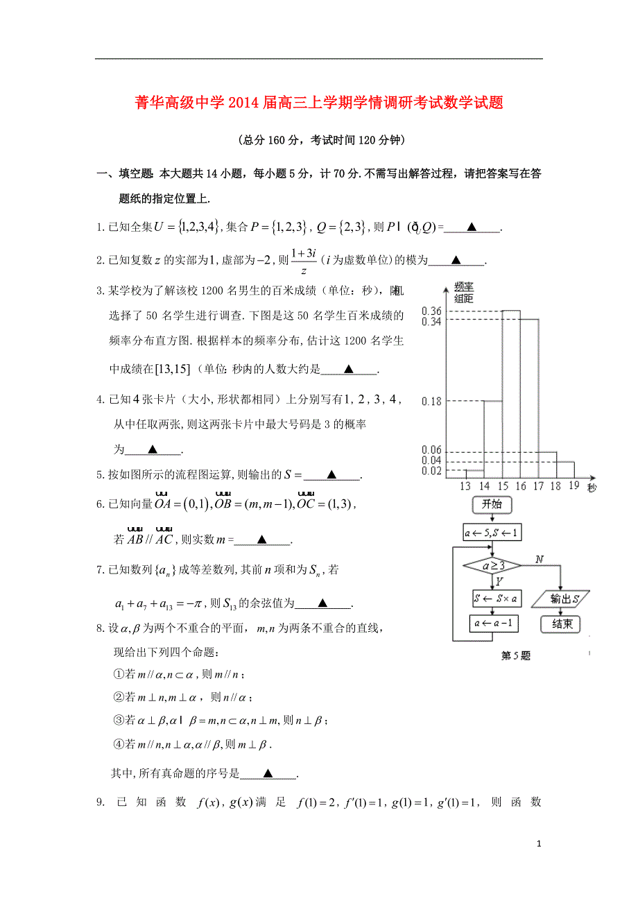 江苏省睢宁县菁华高级中学2014届高三数学上学期学情调研考试(12月)试题_第1页