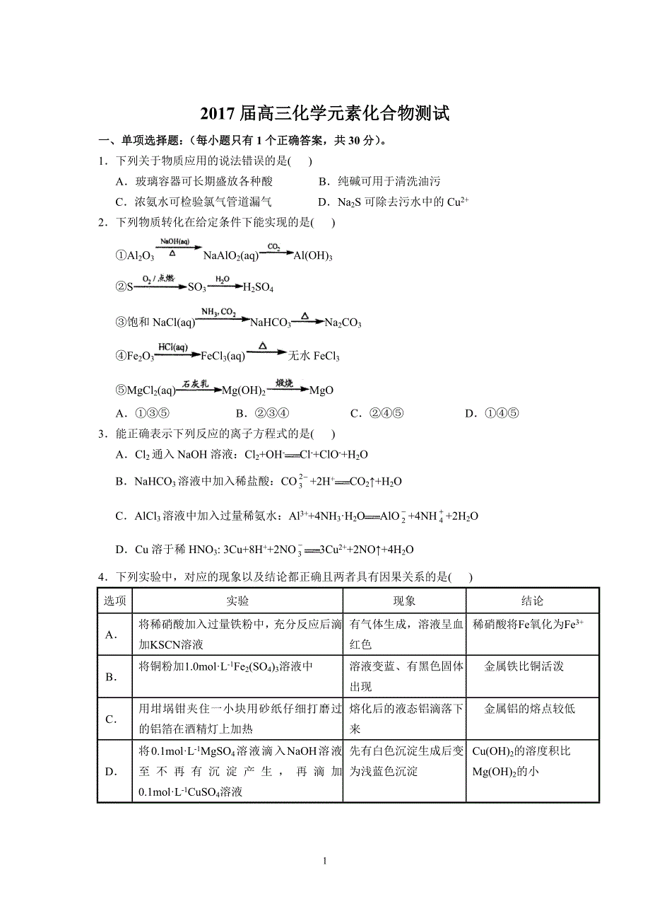 (化学)2017届高三化学元素化合物测试_第1页