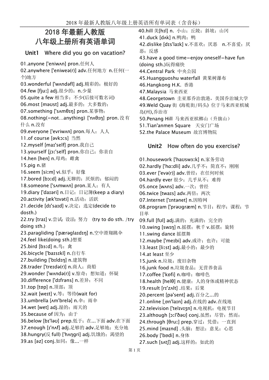 2018最新人教版八年级上册所有英语单词表及短语(含音标全册)_第1页