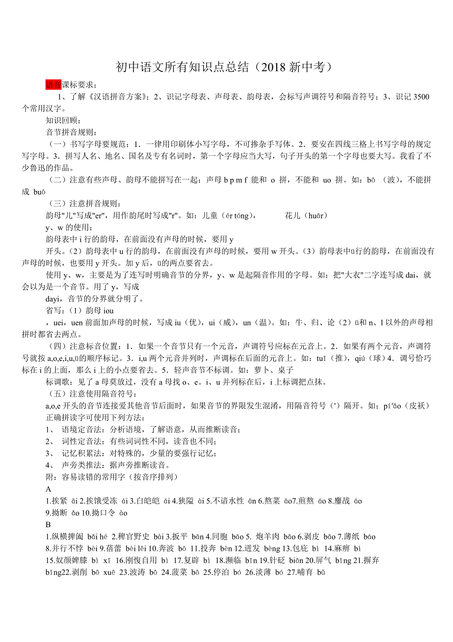 初中语文所有知识点总结2018新整理_第1页