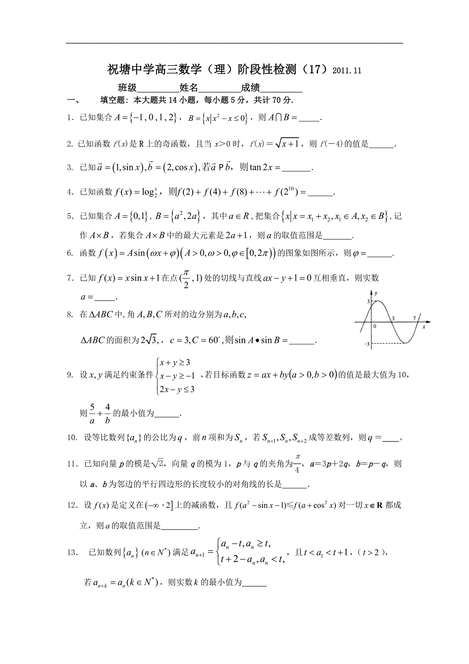 江苏省江阴市祝塘中学高三上学期期中考试（数学）_第1页