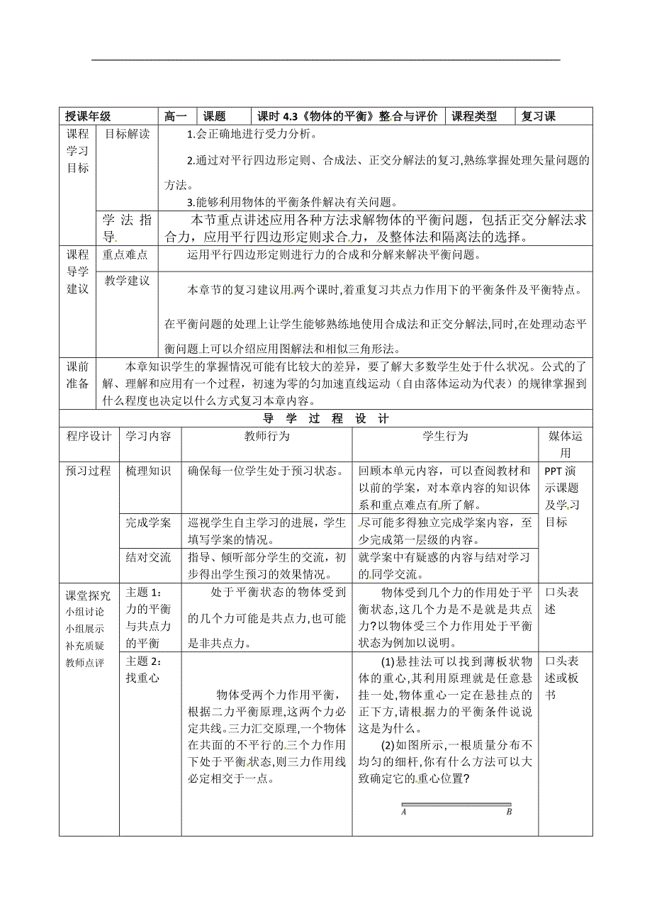 2016-2017学年高一物理必修一教案：第四章《物体的平衡》整合与评价（教科版）_第1页