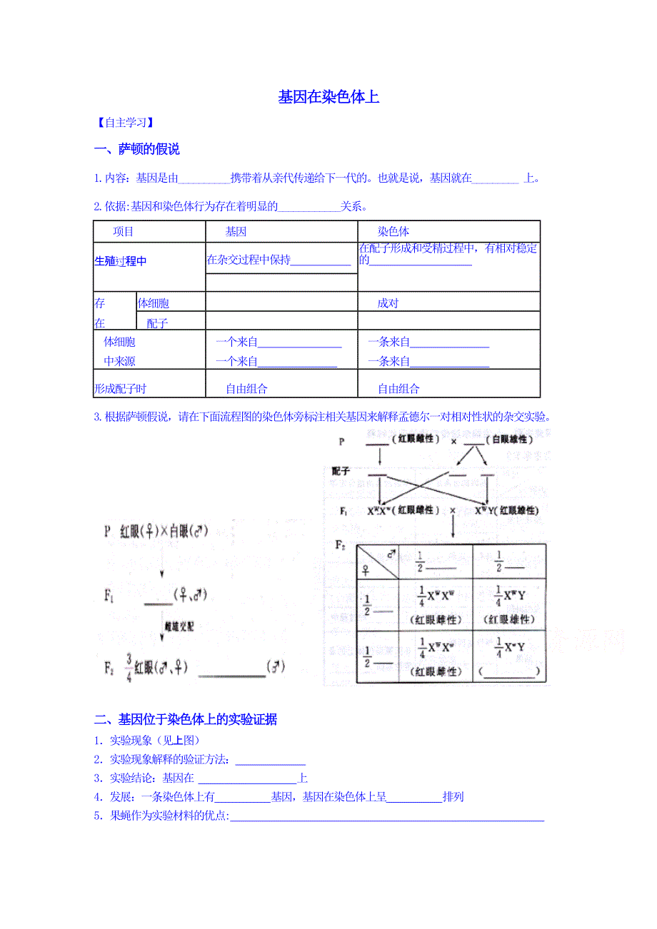 新疆兵团农二师华山中学生物（人教版）学案必修二：第2章基因和染色体的关系第2节基因在染色体上1_第1页