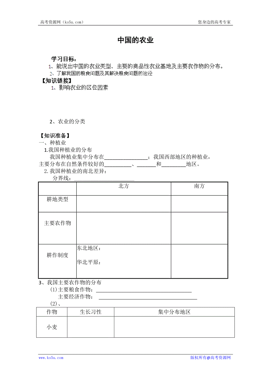 山东省高二地理必修3学案：中国的农业_第1页