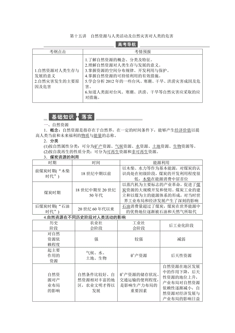 【全程复习方略】2015高考地理（湘教版）一轮讲义：第15讲自然资源与人类活动及自然灾害对人类的危害_第1页